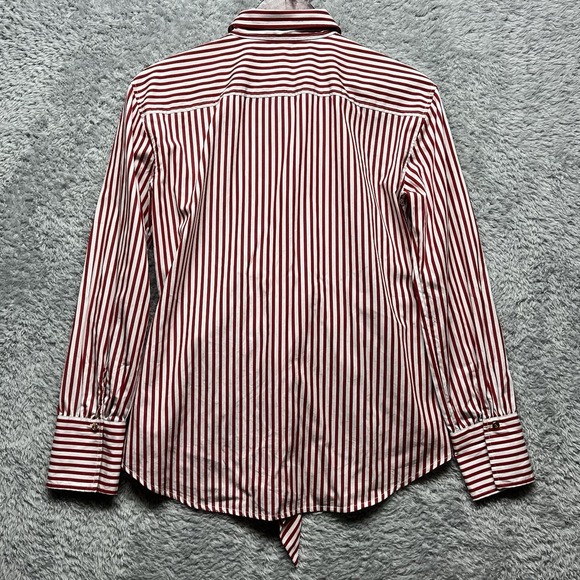 Lauren Ralph Lauren Top Womens Medium Red White Stripe Tie Front Shirred Cuffs - Picture 6 of 12